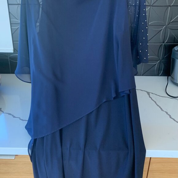 Xcape size Large Navy Knee Length Shift Dress with Beaded Drape. - Picture 6 of 8